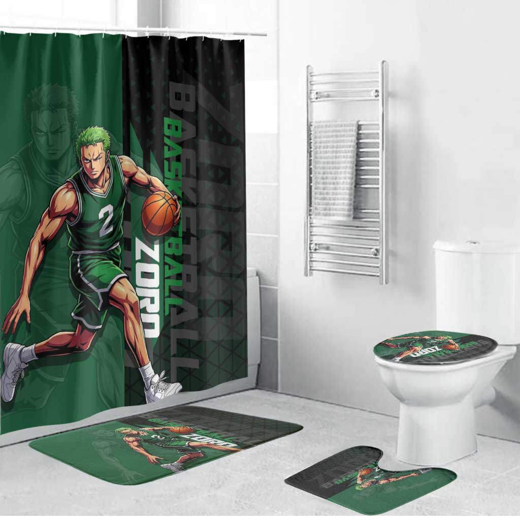 Zoro One Piece Basketball Theme Green and Black Design Bathroom Set with Swordsman Logo and Action Dribble Pose - The Mazicc