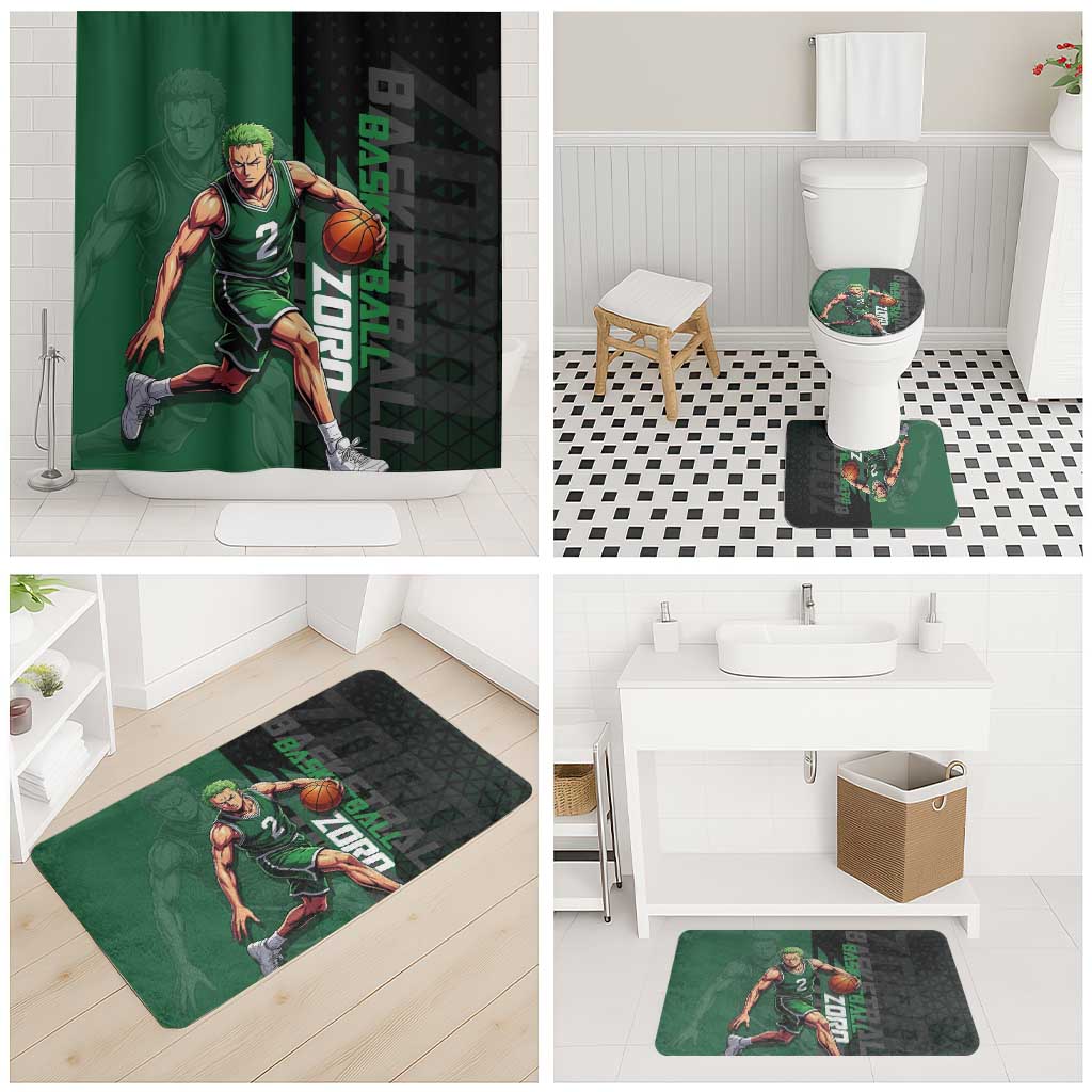 Zoro One Piece Basketball Theme Green and Black Design Bathroom Set with Swordsman Logo and Action Dribble Pose - The Mazicc