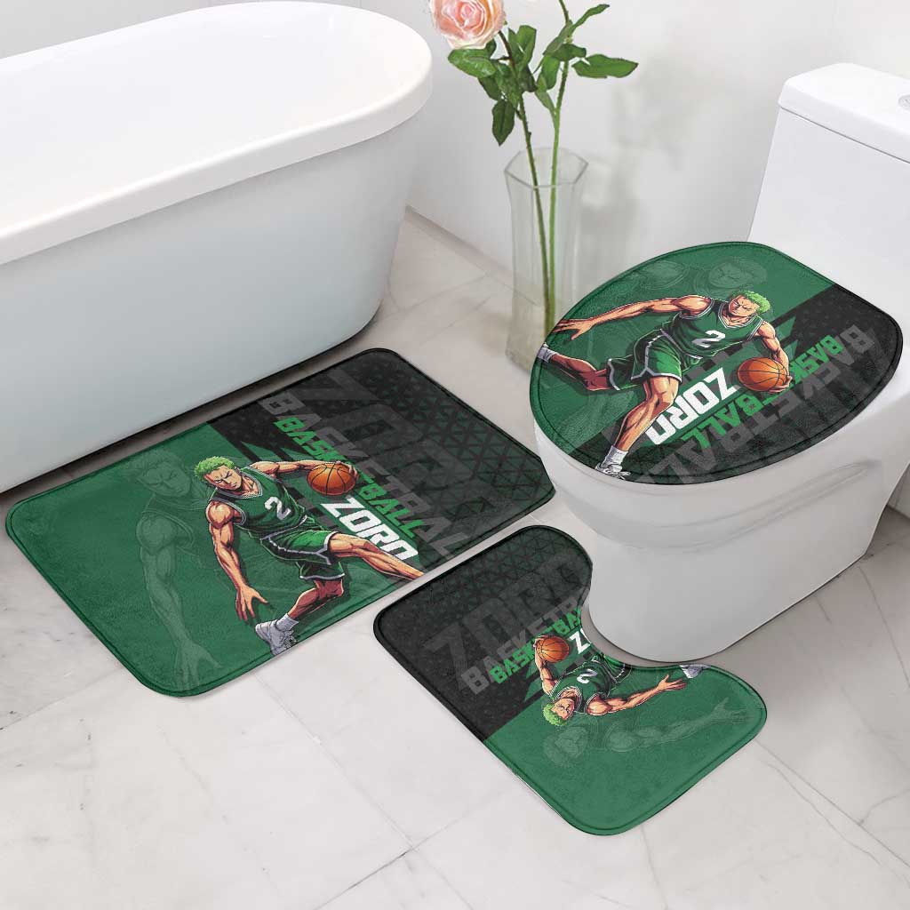 Zoro One Piece Basketball Theme Green and Black Design Bathroom Set with Swordsman Logo and Action Dribble Pose - The Mazicc