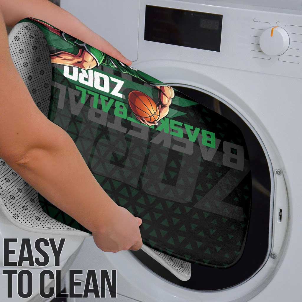 Zoro One Piece Basketball Theme Green and Black Design Bathroom Set with Swordsman Logo and Action Dribble Pose - The Mazicc