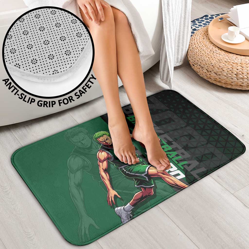 Zoro One Piece Basketball Theme Green and Black Design Bathroom Set with Swordsman Logo and Action Dribble Pose - The Mazicc