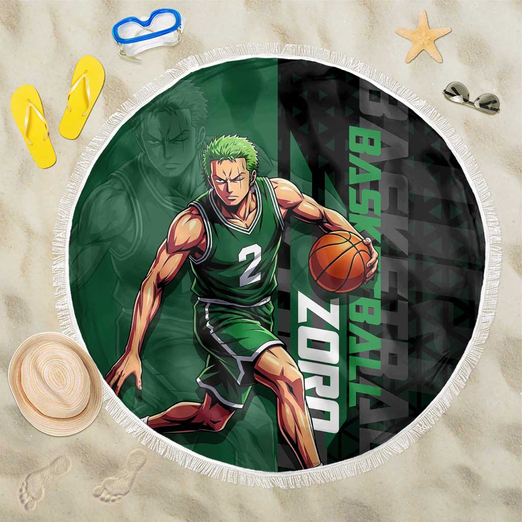 Zoro One Piece Basketball Theme Green and Black Design Beach Blanket with Swordsman Logo and Action Dribble Pose - The Mazicc