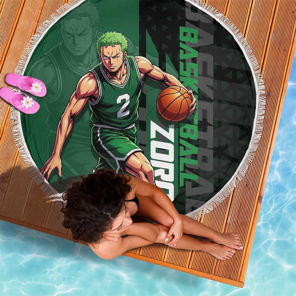 Zoro One Piece Basketball Theme Green and Black Design Beach Blanket with Swordsman Logo and Action Dribble Pose - The Mazicc