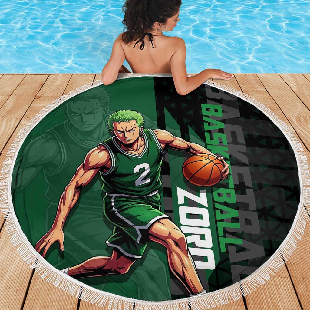 Zoro One Piece Basketball Theme Green and Black Design Beach Blanket with Swordsman Logo and Action Dribble Pose - The Mazicc