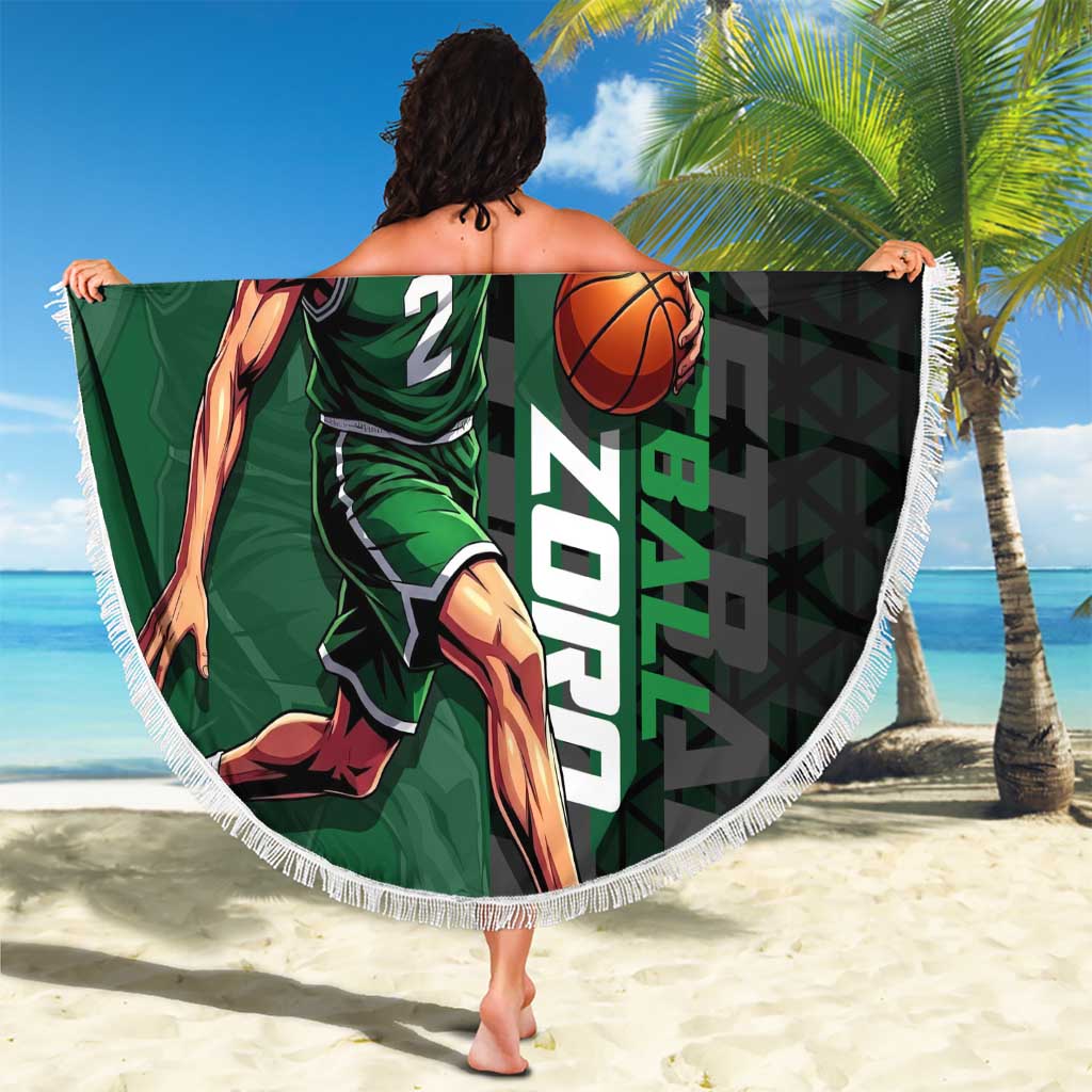 Zoro One Piece Basketball Theme Green and Black Design Beach Blanket with Swordsman Logo and Action Dribble Pose - The Mazicc
