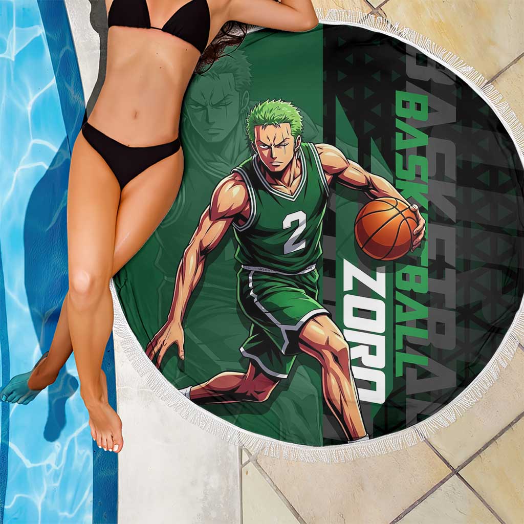 Zoro One Piece Basketball Theme Green and Black Design Beach Blanket with Swordsman Logo and Action Dribble Pose - The Mazicc