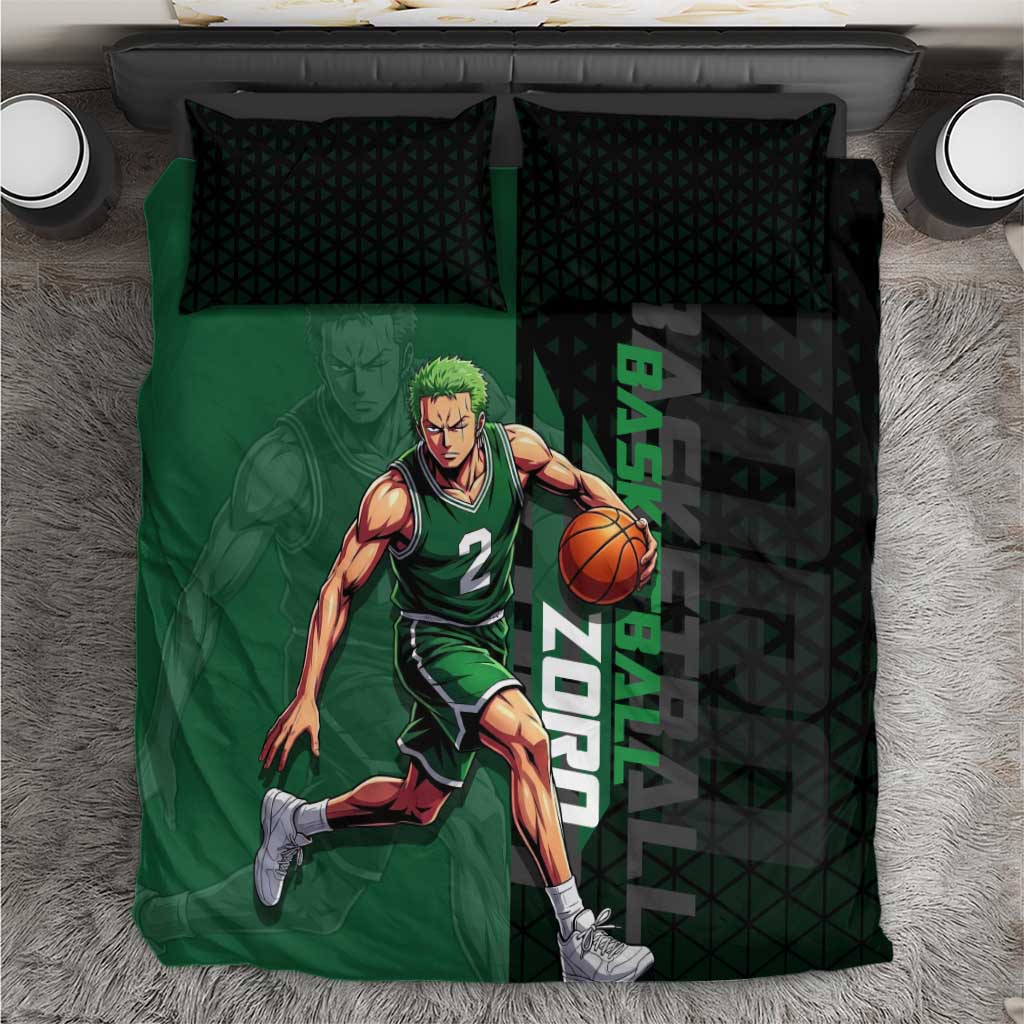 Zoro One Piece Basketball Theme Green and Black Design Bedding Set with Swordsman Logo and Action Dribble Pose - The Mazicc