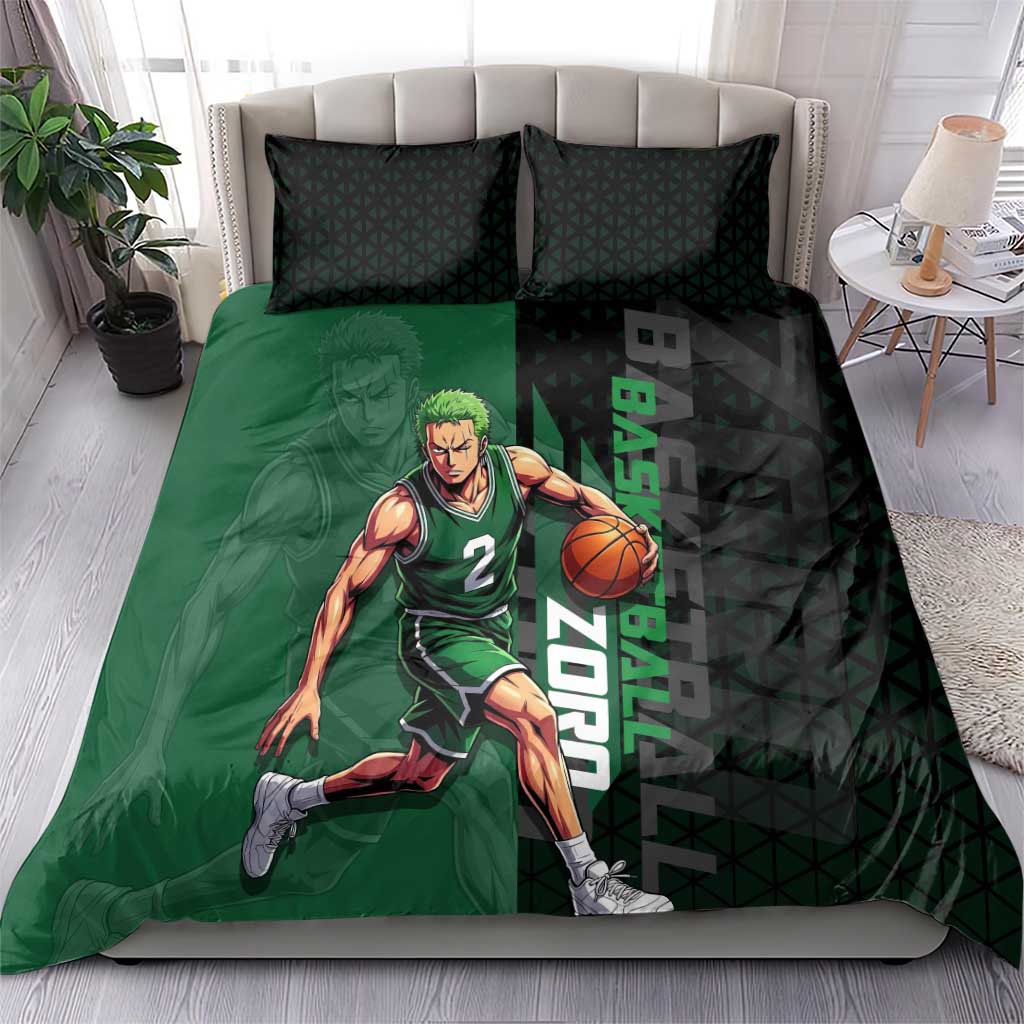 Zoro One Piece Basketball Theme Green and Black Design Bedding Set with Swordsman Logo and Action Dribble Pose - The Mazicc