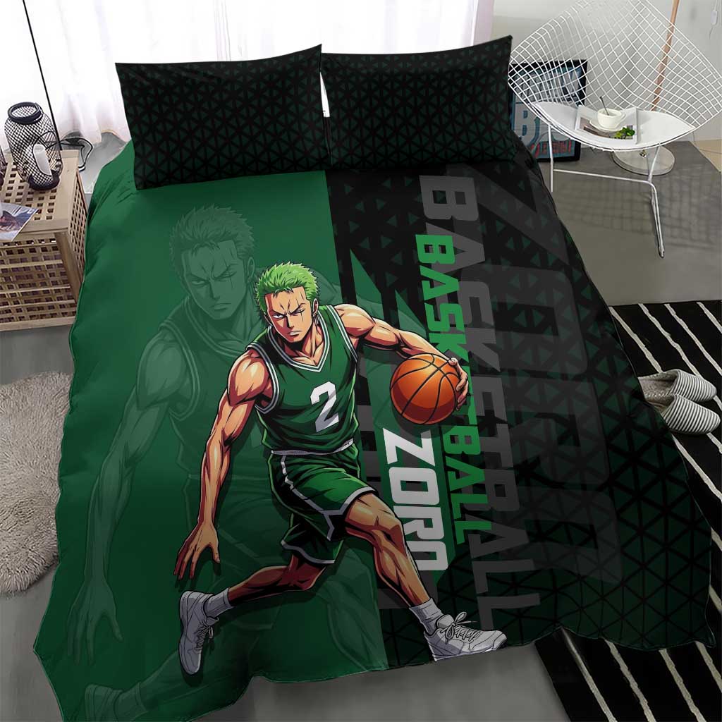 Zoro One Piece Basketball Theme Green and Black Design Bedding Set with Swordsman Logo and Action Dribble Pose - The Mazicc