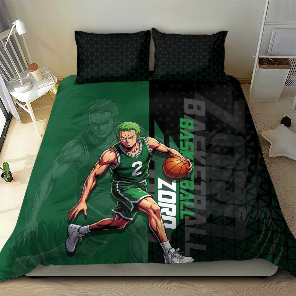 Zoro One Piece Basketball Theme Green and Black Design Bedding Set with Swordsman Logo and Action Dribble Pose - The Mazicc