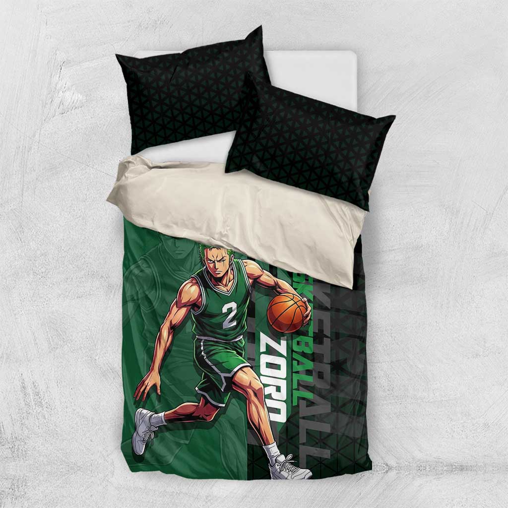 Zoro One Piece Basketball Theme Green and Black Design Bedding Set with Swordsman Logo and Action Dribble Pose - The Mazicc