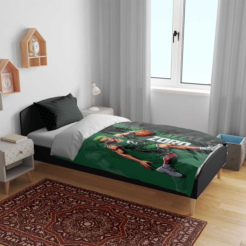 Zoro One Piece Basketball Theme Green and Black Design Bedding Set with Swordsman Logo and Action Dribble Pose - The Mazicc