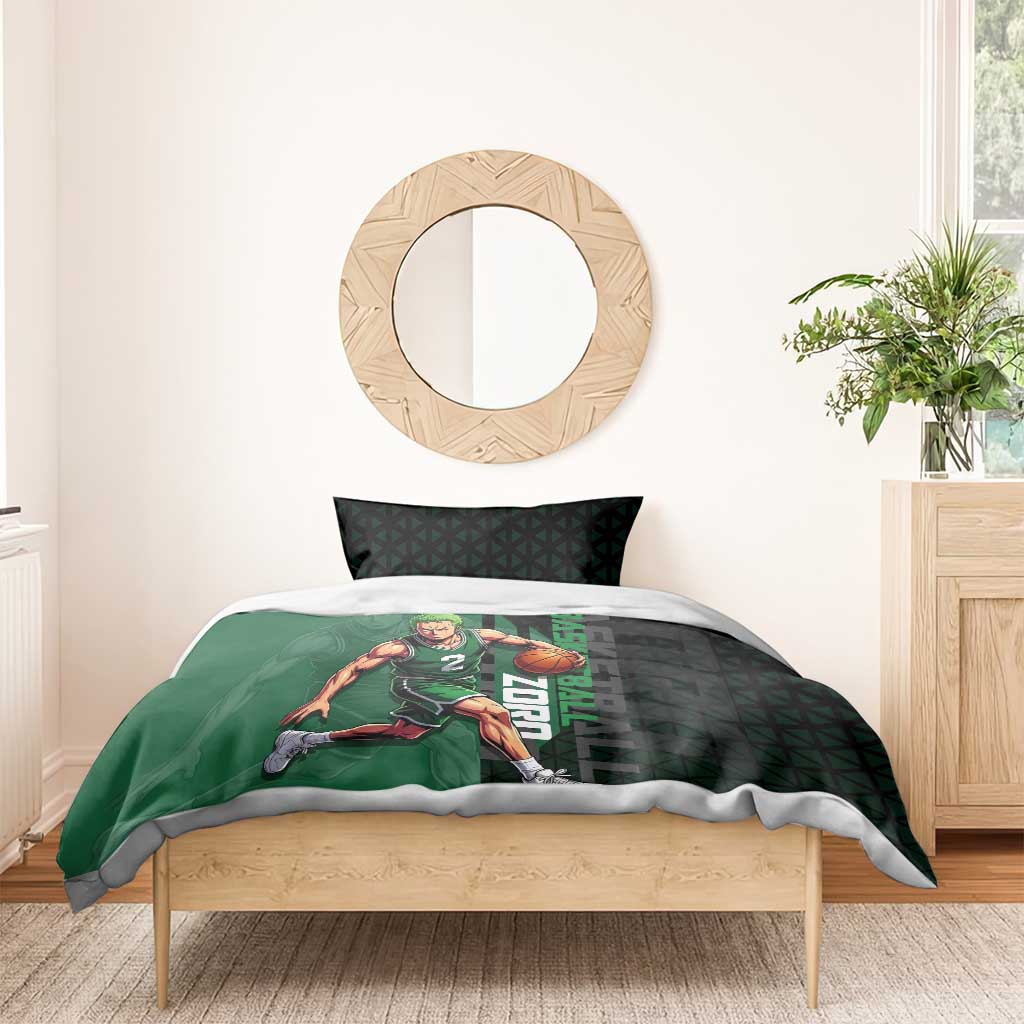 Zoro One Piece Basketball Theme Green and Black Design Bedding Set with Swordsman Logo and Action Dribble Pose - The Mazicc