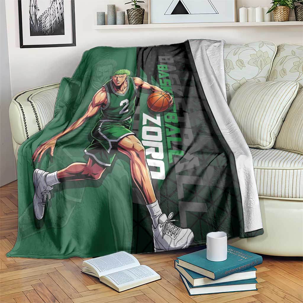 Zoro One Piece Basketball Theme Green and Black Design Blanket with Swordsman Logo and Action Dribble Pose - The Mazicc