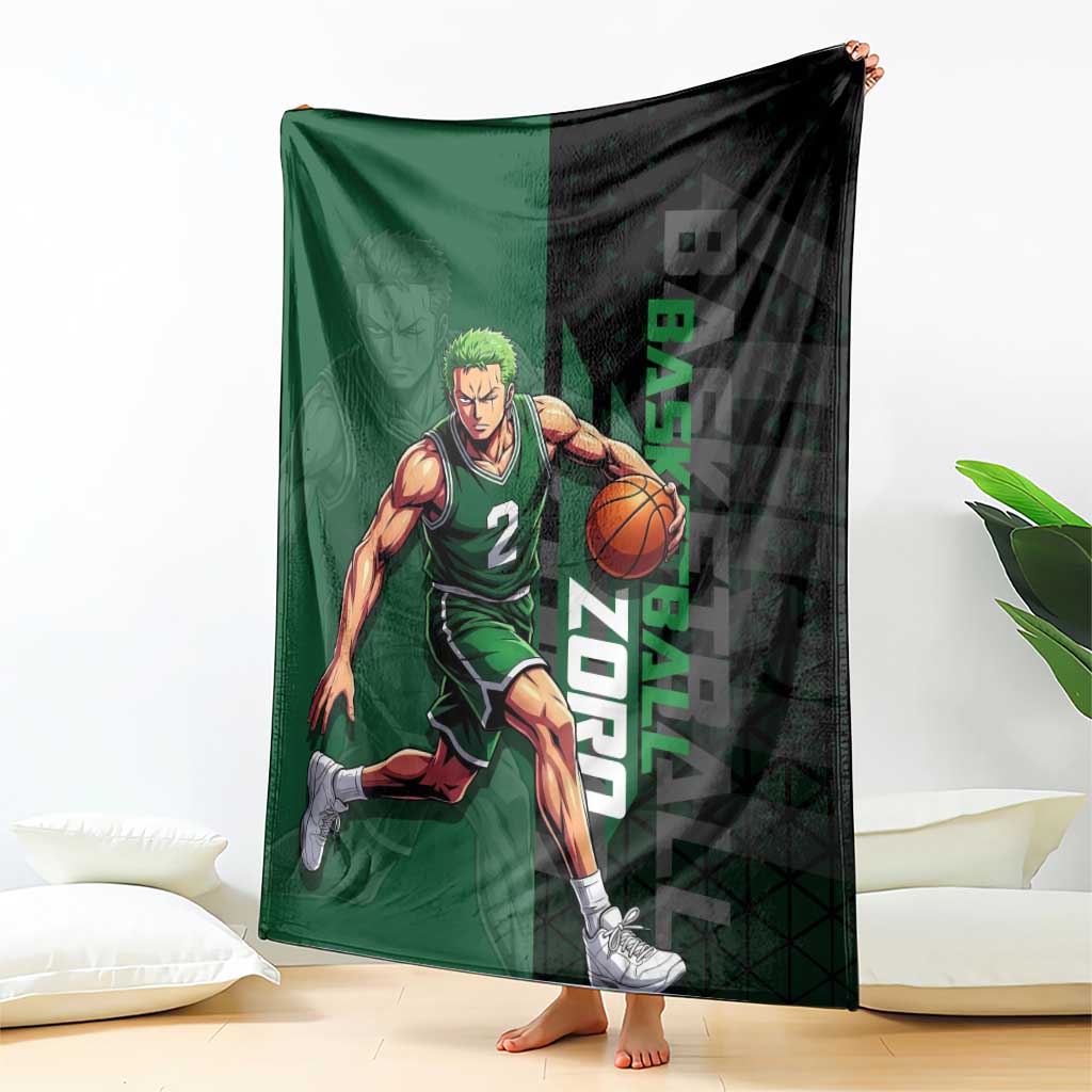Zoro One Piece Basketball Theme Green and Black Design Blanket with Swordsman Logo and Action Dribble Pose - The Mazicc
