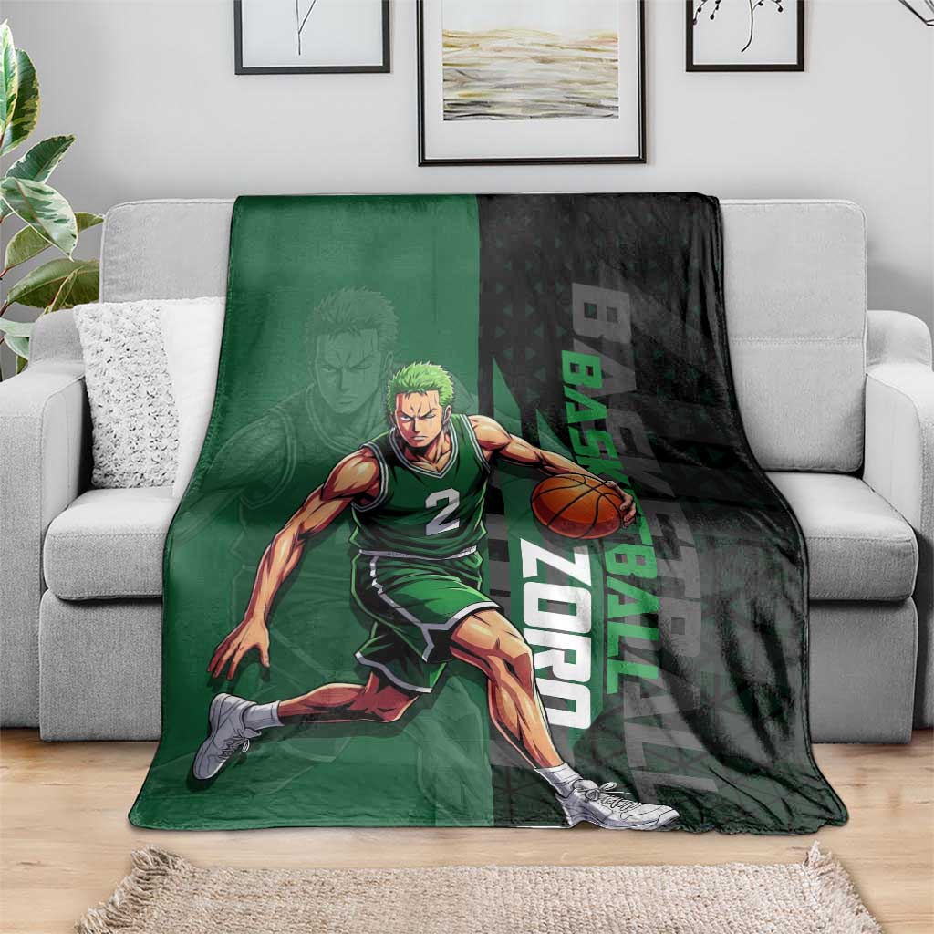 Zoro One Piece Basketball Theme Green and Black Design Blanket with Swordsman Logo and Action Dribble Pose - The Mazicc