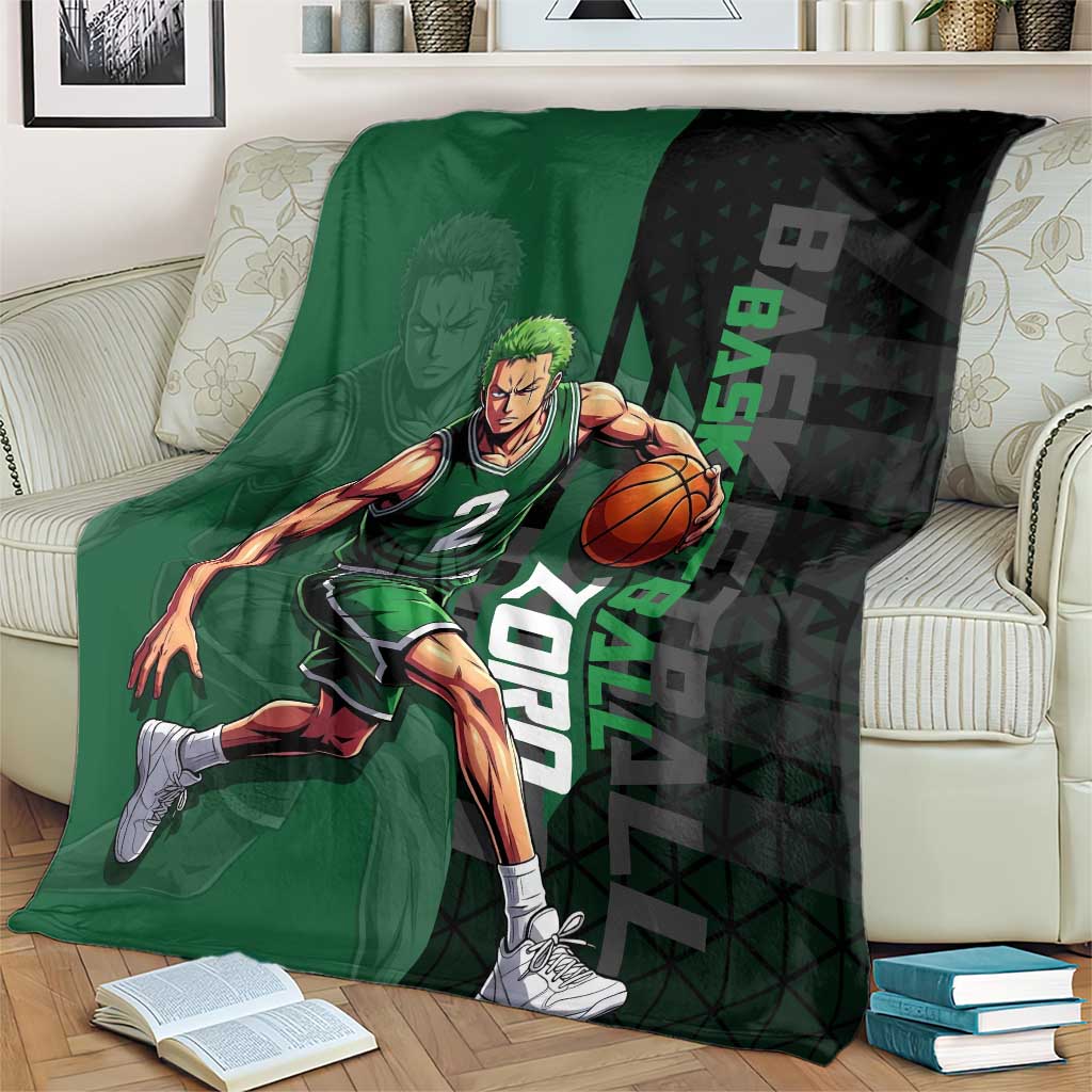 Zoro One Piece Basketball Theme Green and Black Design Blanket with Swordsman Logo and Action Dribble Pose - The Mazicc