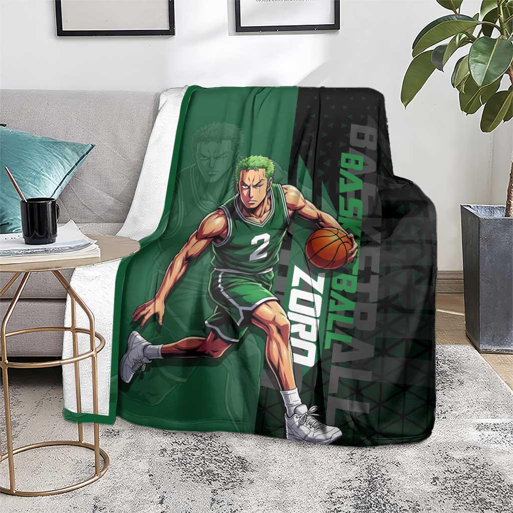 Zoro One Piece Basketball Theme Green and Black Design Blanket with Swordsman Logo and Action Dribble Pose - The Mazicc