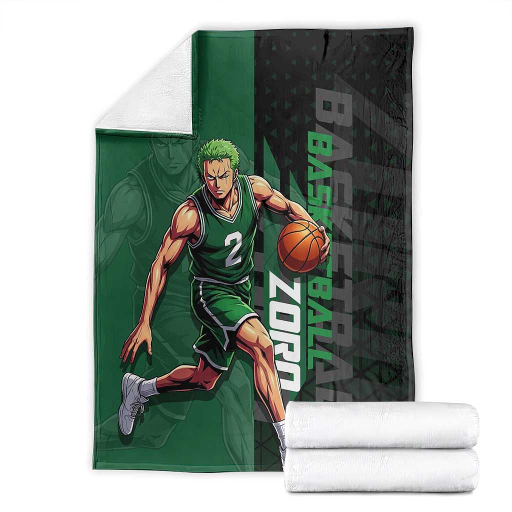 Zoro One Piece Basketball Theme Green and Black Design Blanket with Swordsman Logo and Action Dribble Pose - The Mazicc