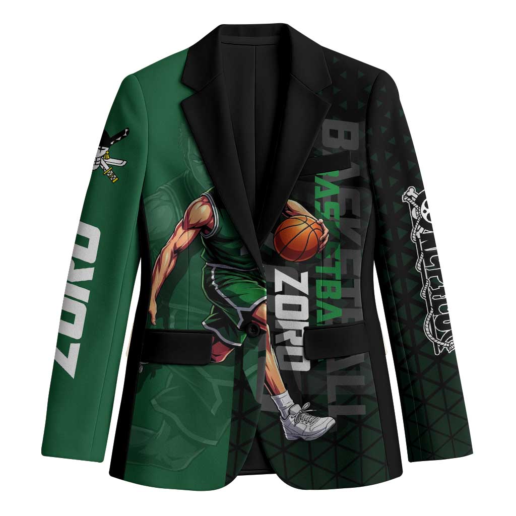 Zoro One Piece Basketball Theme Green and Black Design Blazer with Swordsman Logo and Action Dribble Pose - The Mazicc