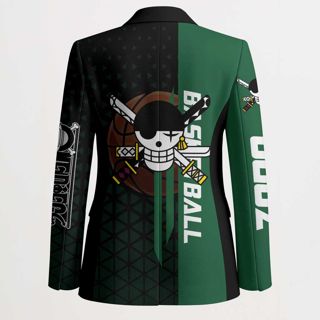 Zoro One Piece Basketball Theme Green and Black Design Blazer with Swordsman Logo and Action Dribble Pose - The Mazicc
