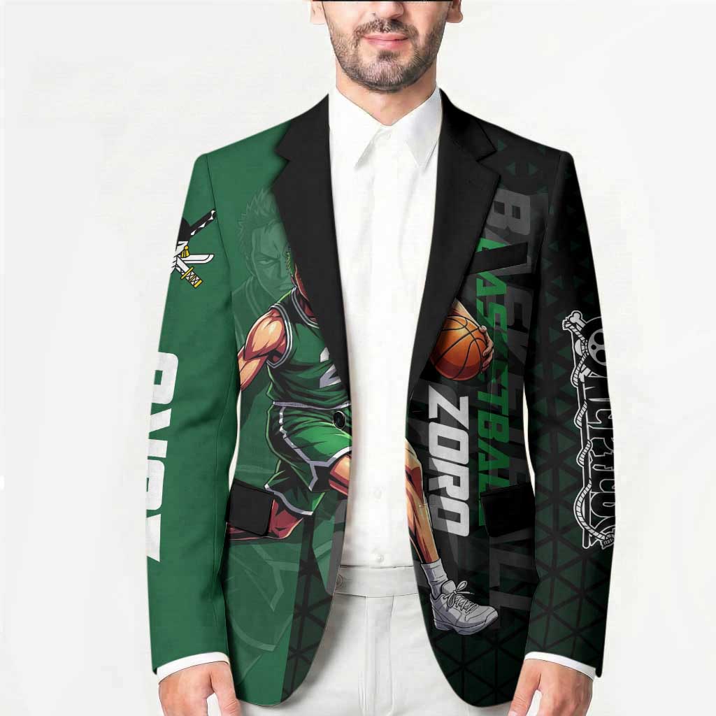 Zoro One Piece Basketball Theme Green and Black Design Blazer with Swordsman Logo and Action Dribble Pose - The Mazicc
