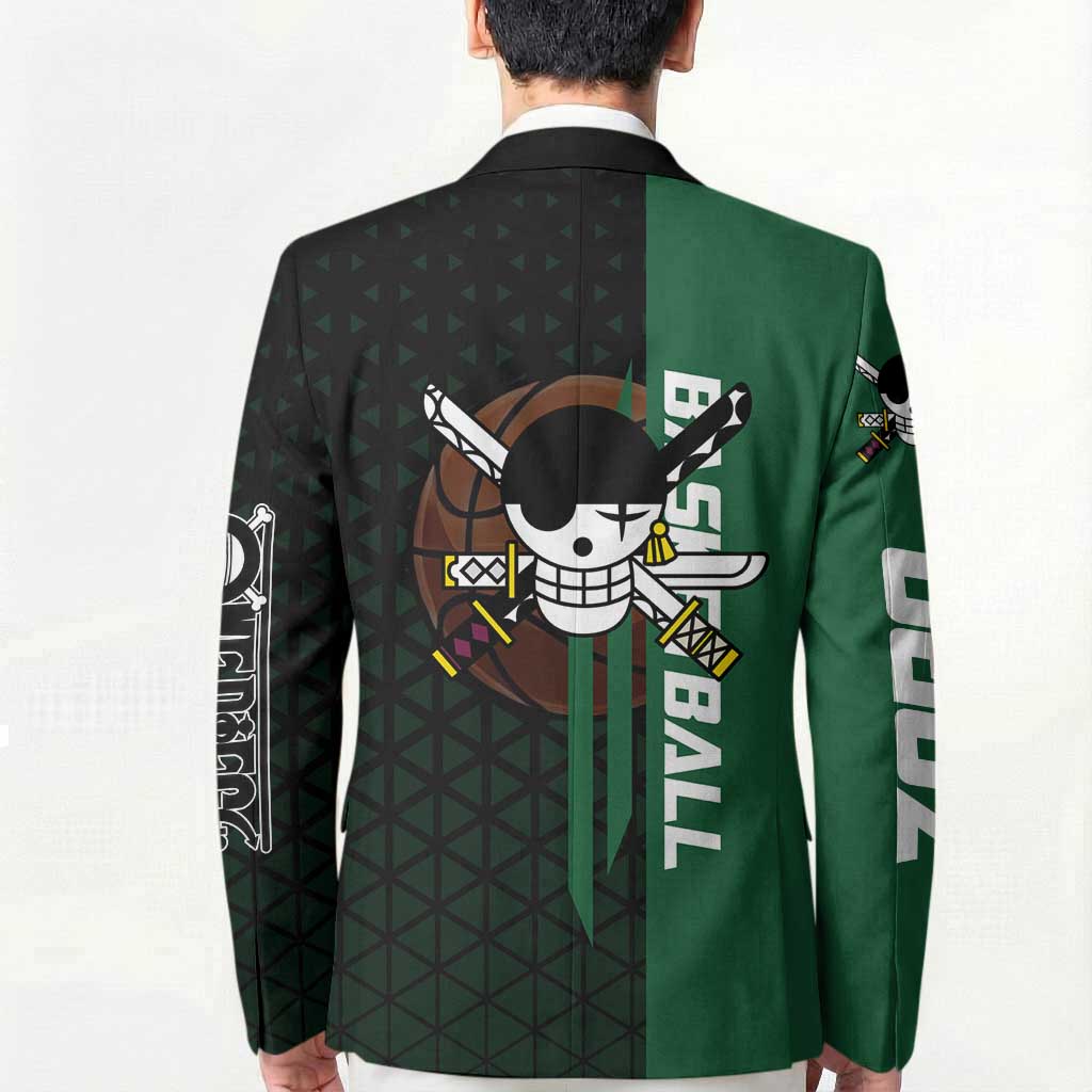 Zoro One Piece Basketball Theme Green and Black Design Blazer with Swordsman Logo and Action Dribble Pose - The Mazicc