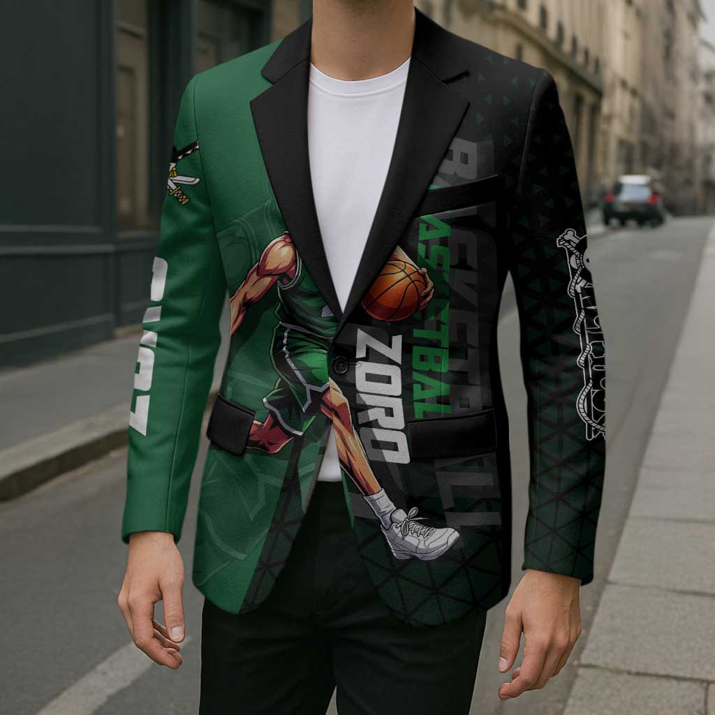 Zoro One Piece Basketball Theme Green and Black Design Blazer with Swordsman Logo and Action Dribble Pose - The Mazicc