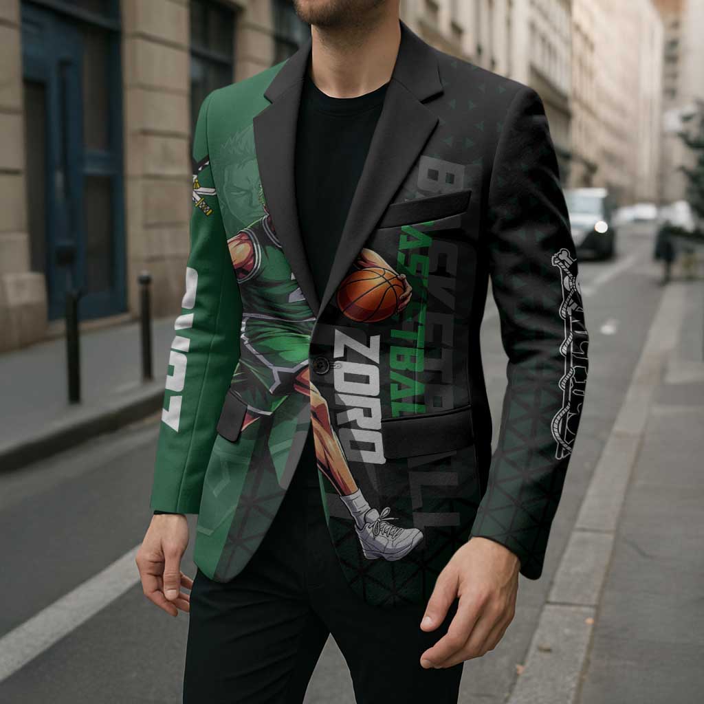 Zoro One Piece Basketball Theme Green and Black Design Blazer with Swordsman Logo and Action Dribble Pose - The Mazicc