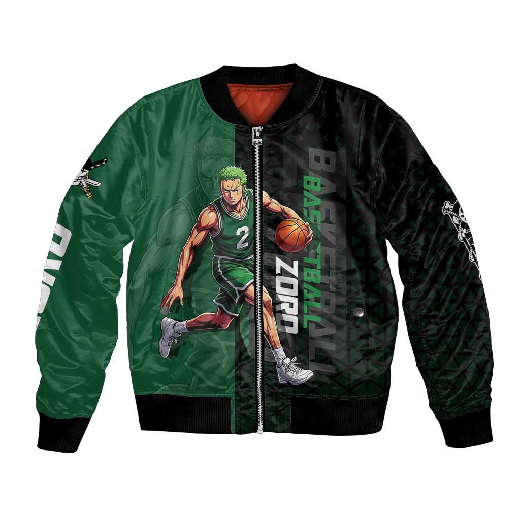 Zoro One Piece Basketball Theme Green and Black Design Bomber Jacket with Swordsman Logo and Action Dribble Pose - The Mazicc