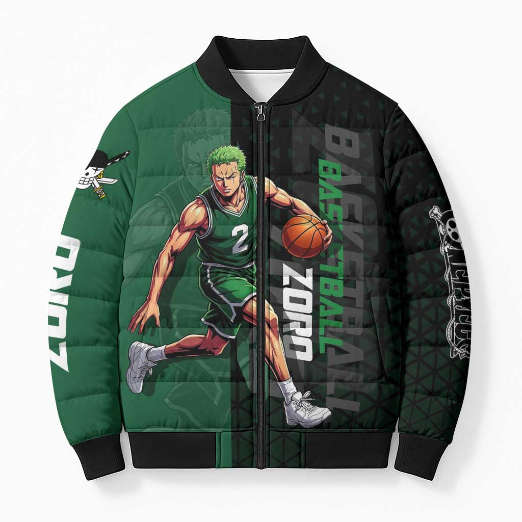 Zoro One Piece Basketball Theme Green and Black Design Bomber Puffer Jacket with Swordsman Logo and Action Dribble Pose - The Mazicc