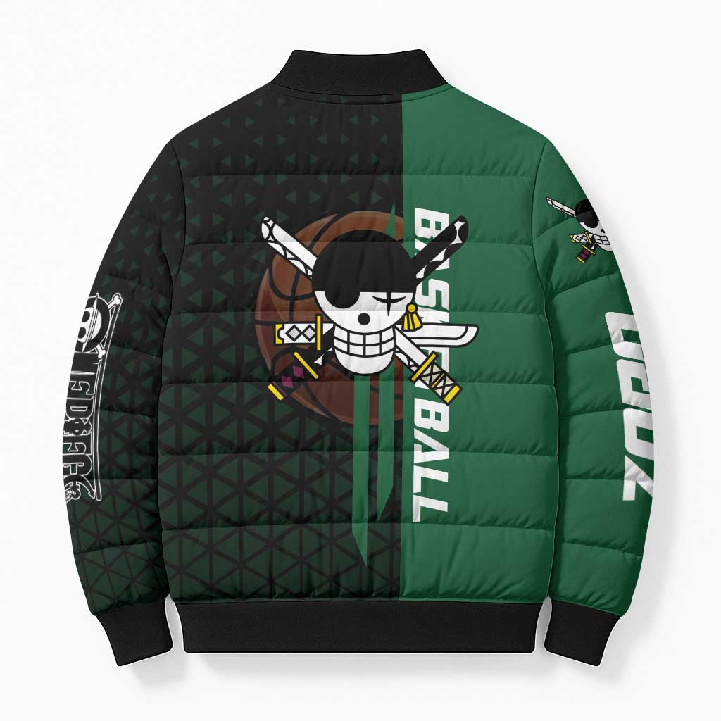 Zoro One Piece Basketball Theme Green and Black Design Bomber Puffer Jacket with Swordsman Logo and Action Dribble Pose - The Mazicc