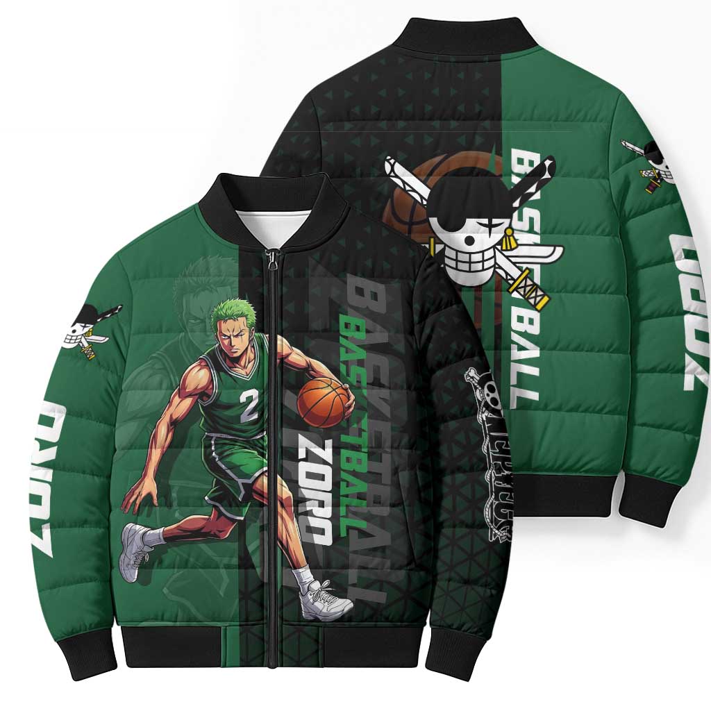 Zoro One Piece Basketball Theme Green and Black Design Bomber Puffer Jacket with Swordsman Logo and Action Dribble Pose - The Mazicc