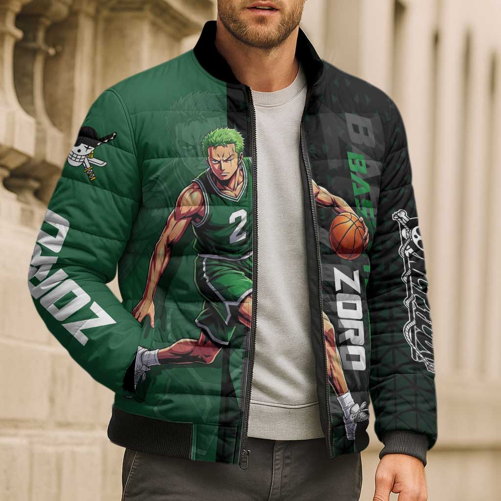 Zoro One Piece Basketball Theme Green and Black Design Bomber Puffer Jacket with Swordsman Logo and Action Dribble Pose - The Mazicc