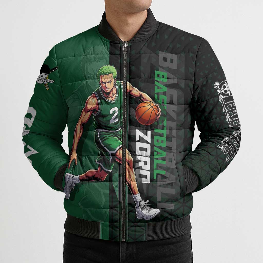 Zoro One Piece Basketball Theme Green and Black Design Bomber Puffer Jacket with Swordsman Logo and Action Dribble Pose - The Mazicc