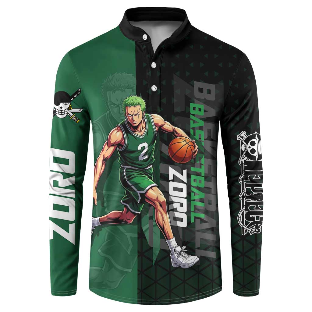 Zoro One Piece Basketball Theme Green and Black Design Button Sweatshirt with Swordsman Logo and Action Dribble Pose - The Mazicc