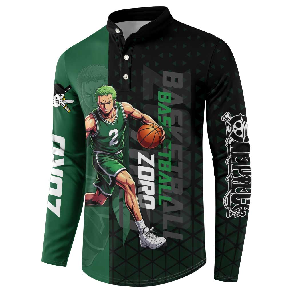 Zoro One Piece Basketball Theme Green and Black Design Button Sweatshirt with Swordsman Logo and Action Dribble Pose - The Mazicc