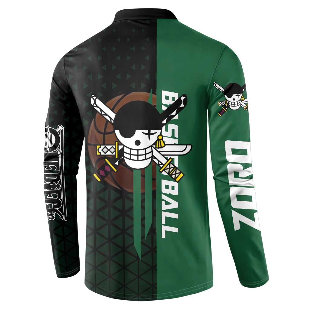 Zoro One Piece Basketball Theme Green and Black Design Button Sweatshirt with Swordsman Logo and Action Dribble Pose - The Mazicc