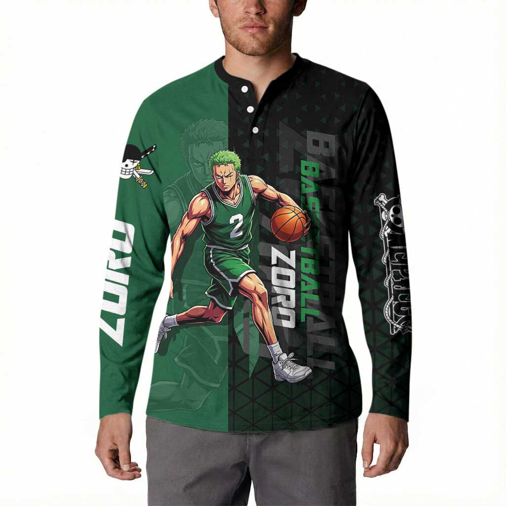 Zoro One Piece Basketball Theme Green and Black Design Button Sweatshirt with Swordsman Logo and Action Dribble Pose - The Mazicc