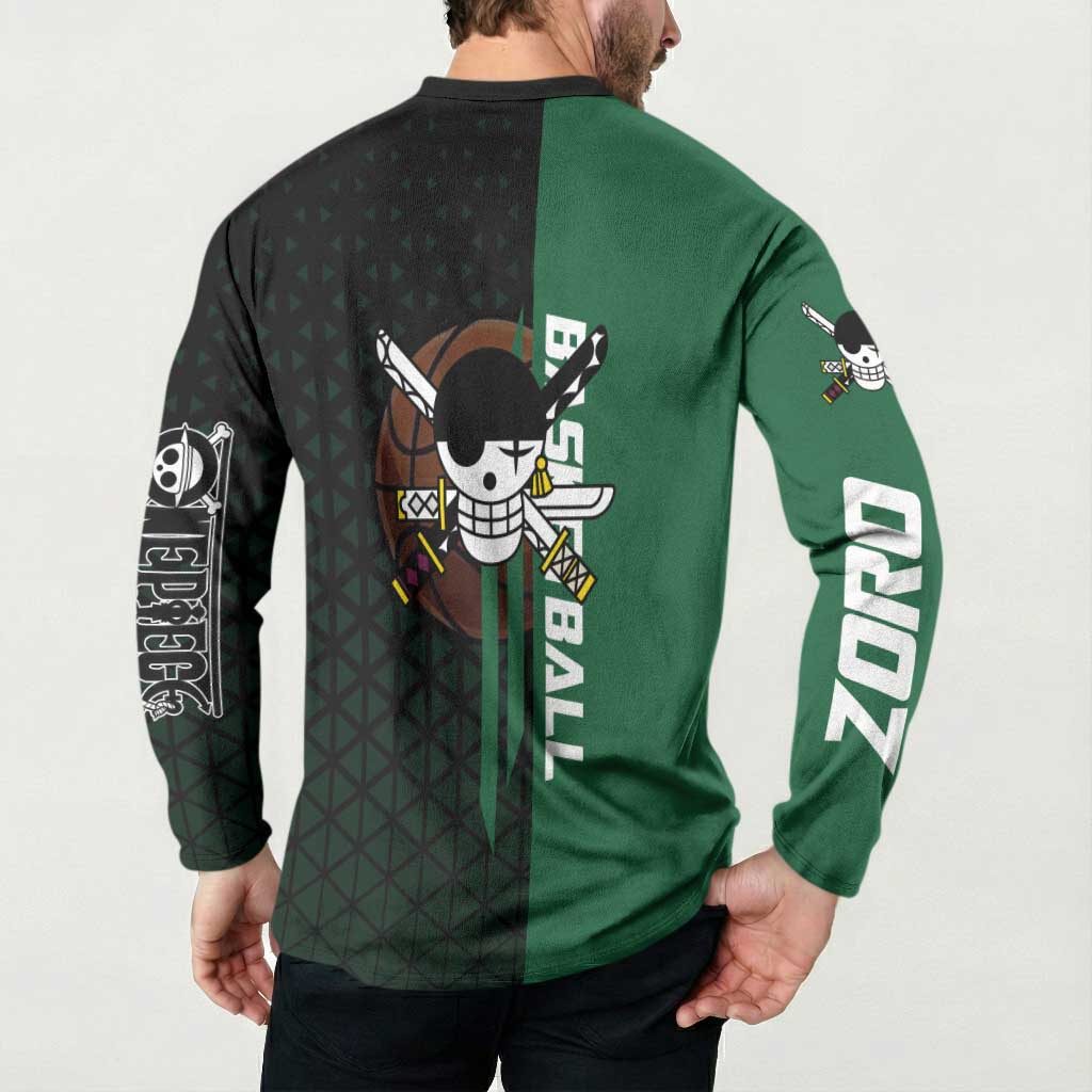 Zoro One Piece Basketball Theme Green and Black Design Button Sweatshirt with Swordsman Logo and Action Dribble Pose - The Mazicc