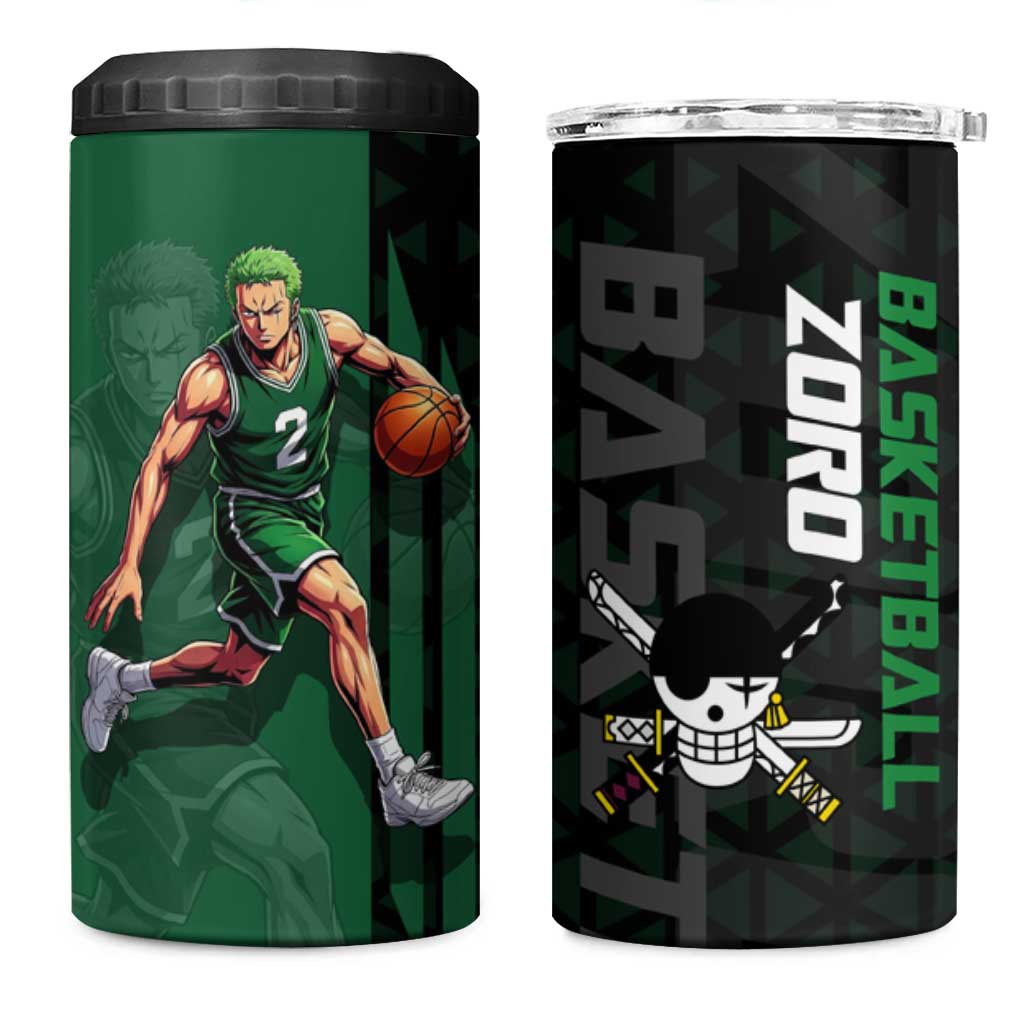 Zoro One Piece Basketball Theme Green and Black Design 4 in 1 Can Cooler Tumbler with Swordsman Logo and Action Dribble Pose - The Mazicc