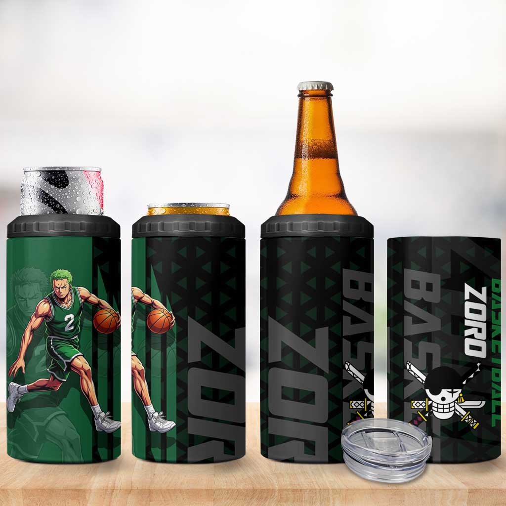 Zoro One Piece Basketball Theme Green and Black Design 4 in 1 Can Cooler Tumbler with Swordsman Logo and Action Dribble Pose - The Mazicc