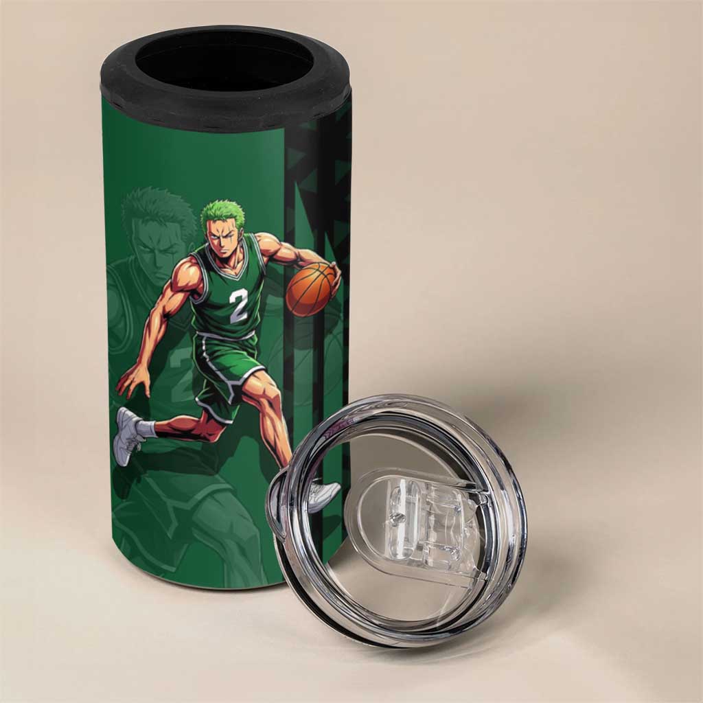 Zoro One Piece Basketball Theme Green and Black Design 4 in 1 Can Cooler Tumbler with Swordsman Logo and Action Dribble Pose - The Mazicc