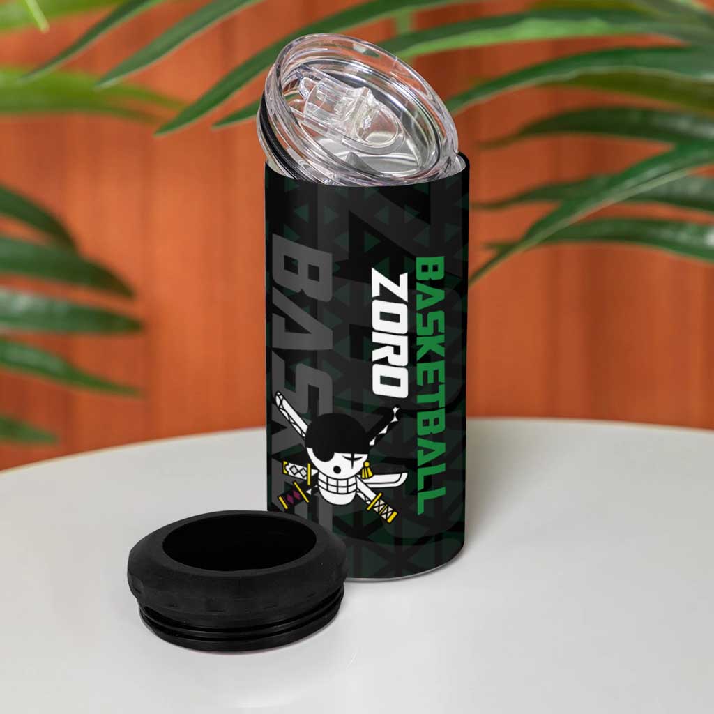 Zoro One Piece Basketball Theme Green and Black Design 4 in 1 Can Cooler Tumbler with Swordsman Logo and Action Dribble Pose - The Mazicc