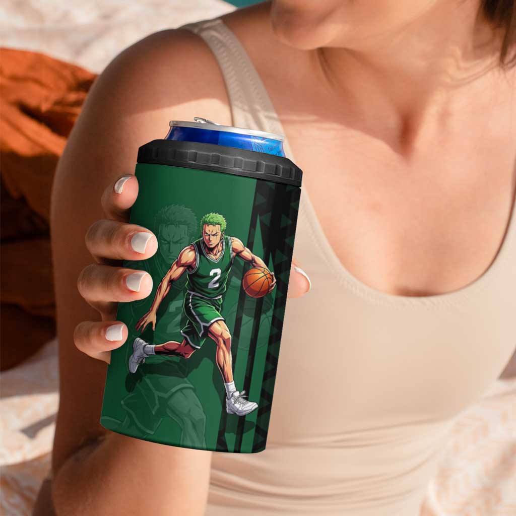 Zoro One Piece Basketball Theme Green and Black Design 4 in 1 Can Cooler Tumbler with Swordsman Logo and Action Dribble Pose - The Mazicc