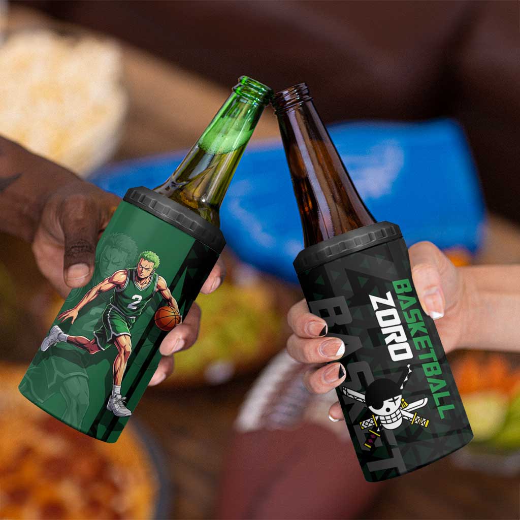 Zoro One Piece Basketball Theme Green and Black Design 4 in 1 Can Cooler Tumbler with Swordsman Logo and Action Dribble Pose - The Mazicc