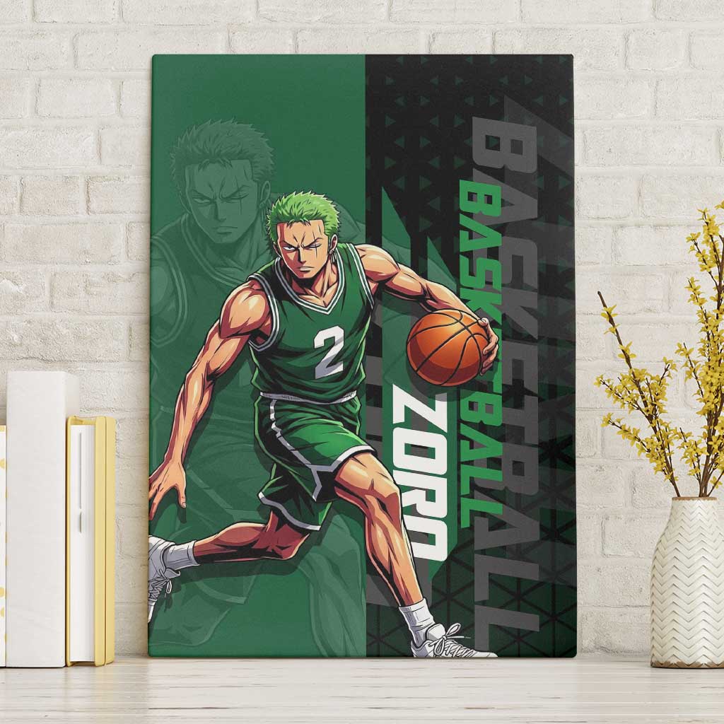 Zoro One Piece Basketball Theme Green and Black Design Canvas Wall Art with Swordsman Logo and Action Dribble Pose - The Mazicc