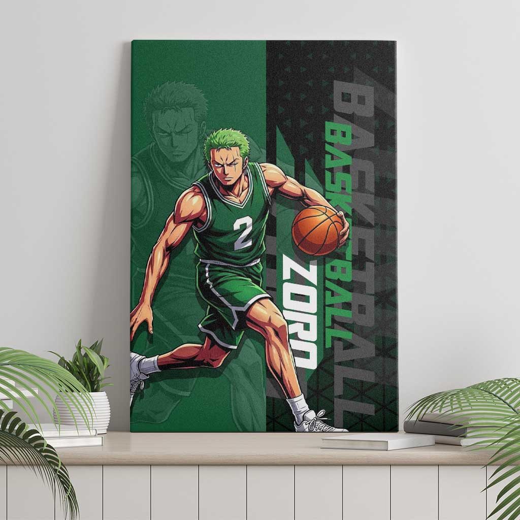 Zoro One Piece Basketball Theme Green and Black Design Canvas Wall Art with Swordsman Logo and Action Dribble Pose - The Mazicc