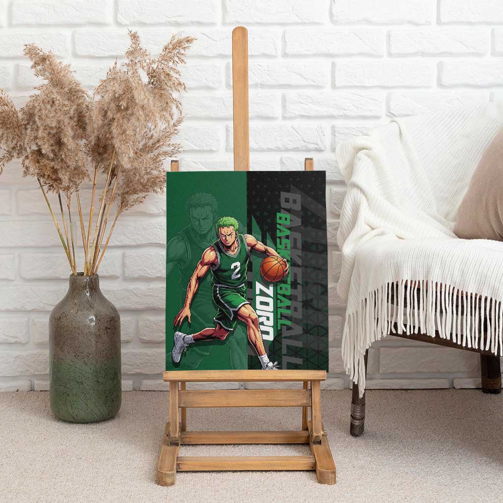 Zoro One Piece Basketball Theme Green and Black Design Canvas Wall Art with Swordsman Logo and Action Dribble Pose - The Mazicc