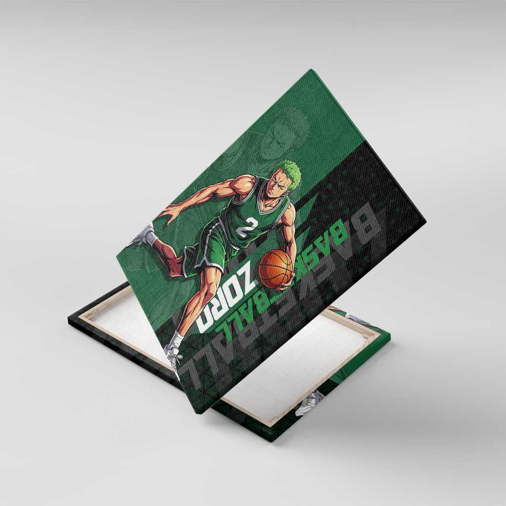 Zoro One Piece Basketball Theme Green and Black Design Canvas Wall Art with Swordsman Logo and Action Dribble Pose - The Mazicc